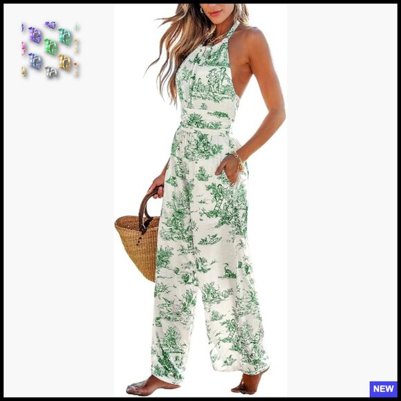 Floral Halter Jumpsuit Elegant Summer Wide Leg Romper with Pockets Chic